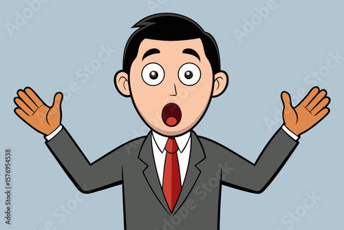 Cartoon Character in Gray Suit Raising Hands – Businessperson with Red Tie on Light Blue Background