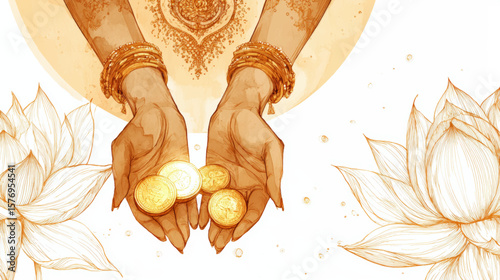 Prosperity Blessings Vector for Diwali with Goddess Lakshmi’s Hands Holding Coins and Lotus Flower