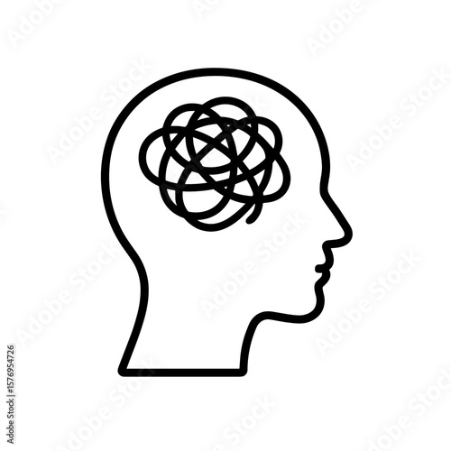 Silhouette of head with tangled lines inside symbolizing mental disorder, outline icon