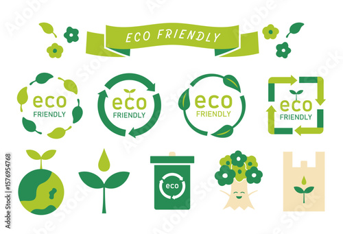 eco friendlyと書かれたサークル型のアイコンセット（エコ 環境 サステナブル 表示マーク ベクター）