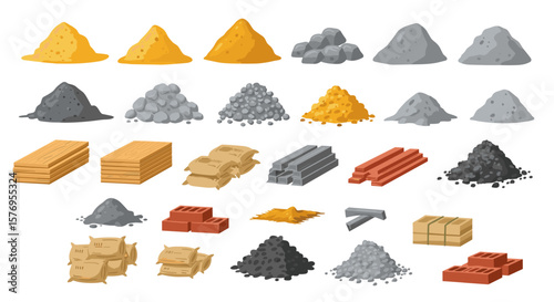 Construction material collection featuring sand, gravel, bricks, and lumber in flat design