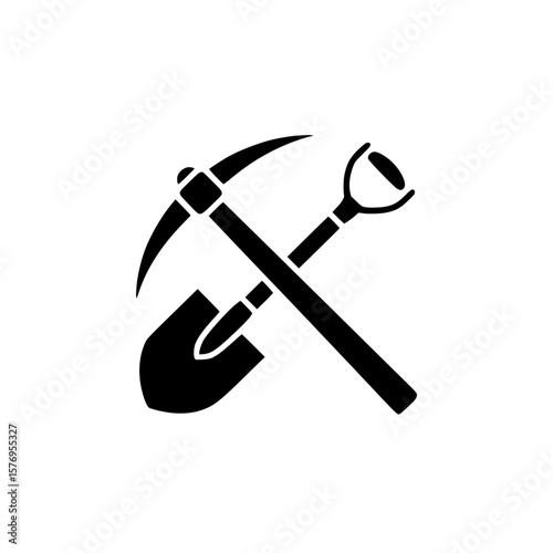 Black silhouette icon of crossed pickaxe and shovel