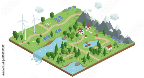 Isometric eco-friendly landscape with wind turbines and solar panels