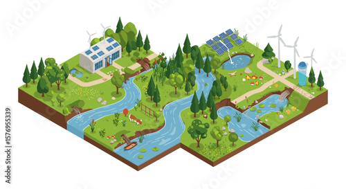 Sustainable energy landscape with solar panels and wind turbines in isometric design