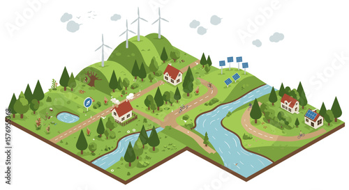 Sustainable energy landscape with wind turbines and solar panels in isometric style
