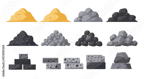 Colorful cartoon piles of sand, gravel, and rocks for construction projects