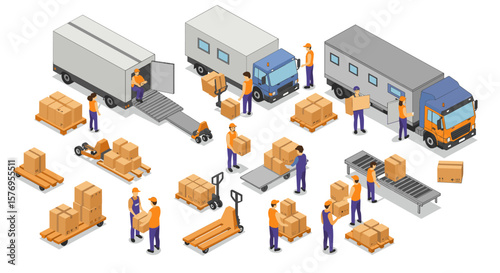 Isometric delivery and logistics scene with trucks and workers handling packages
