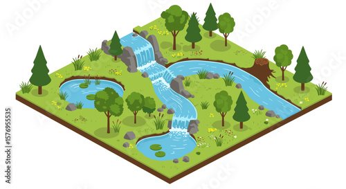 Isometric nature landscape with flowing river and lush greenery