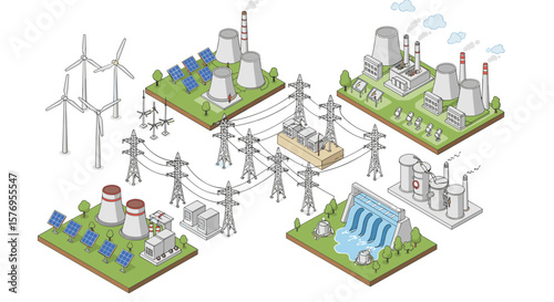Isometric power plant network with renewable energy sources and infrastructure