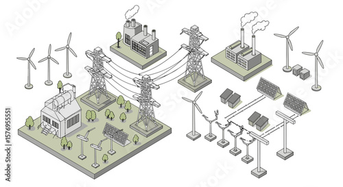 Renewable energy sources and power generation isometric design