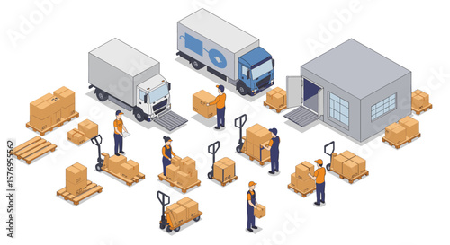 Warehouse logistics with workers handling packages and trucks in isometric style