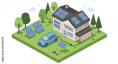 Eco-friendly home with solar panels and electric car in isometric style