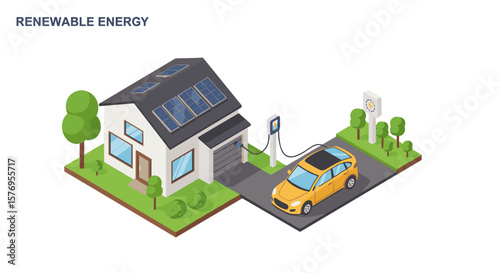 Isometric sustainable home with electric car and solar panels for renewable energy