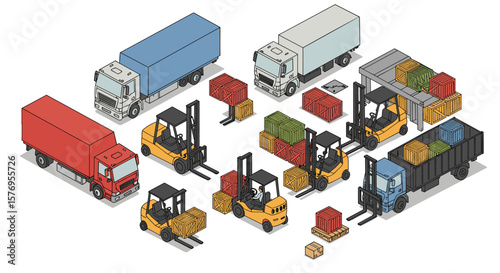 Isometric trucks and forklifts with cargo containers in a warehouse setting
