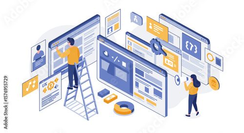 Isometric web development and ux design with team collaboration