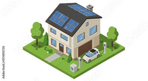 Modern eco-friendly house with solar panels and electric car charging station in isometric design