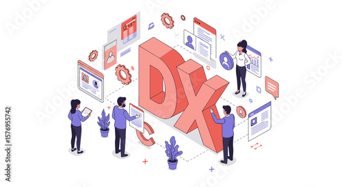 Digital transformation concept with diverse team and data interface in isometric design