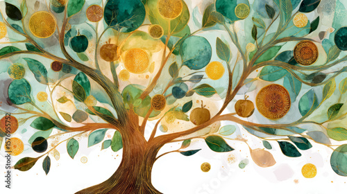 Stylized Tree of Life Representing Abundance and Enkutatash Blessings in Artistic Watercolor Vector Illustration
