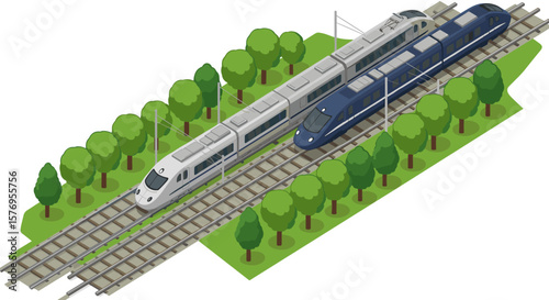 High-speed trains passing on parallel tracks in a forested area