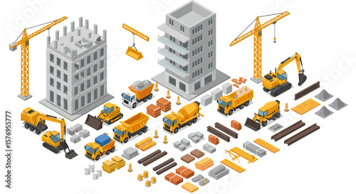 Industrial construction site isometric view with machines and materials