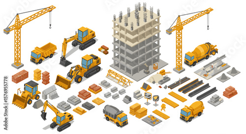 Isometric construction site with cranes, vehicles, and building materials