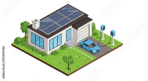 Modern eco-friendly home with solar panels and electric car charging station isometric design