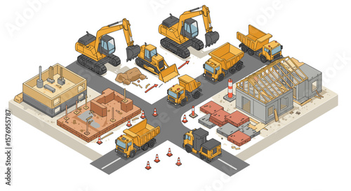 Construction site with heavy machinery and building process visualized in isometric style