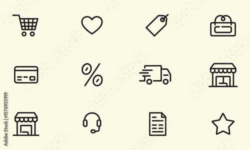 Vector icon set for e-commerce and shopping: cart, heart, tag, credit card, delivery, and more.