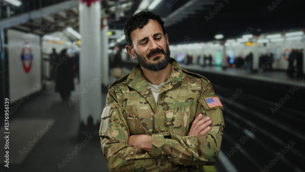 Fototapeta premium Man in military uniform standing in an underground station with arms crossed, displaying a thoughtful expression amid blurred commuters and subway signage, highlighting urban transit mood.