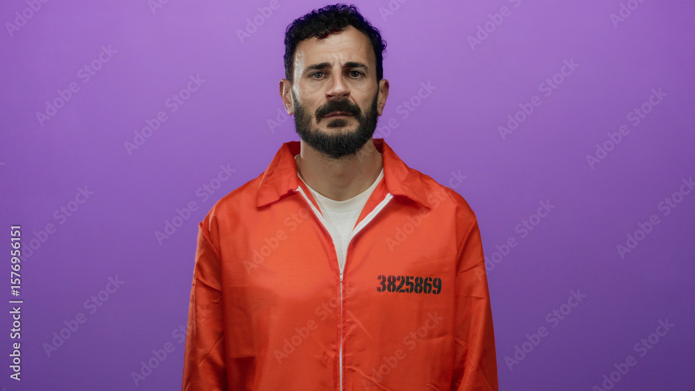 Obraz premium Hispanic man with beard in orange prison jumpsuit stands against a purple background, displaying a range of emotions.