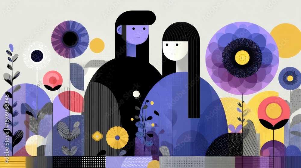 Obraz premium Beautiful Illustrated Couple Amidst Colorful Flowers