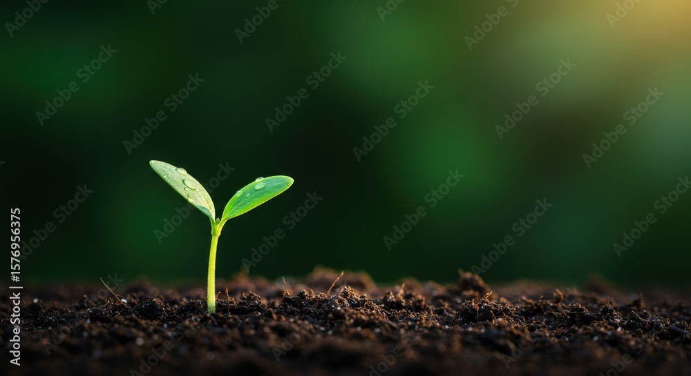 Fototapeta premium A tiny green sprout emerges from the rich soil, symbolizing new life and growth in nature