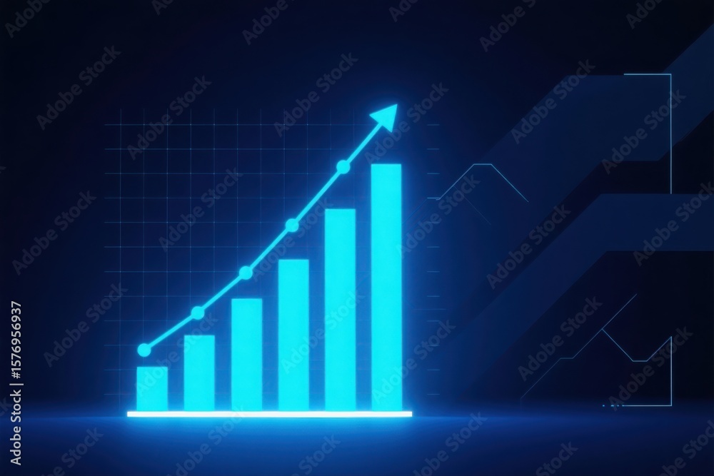 Bright blue neon bar graph with upward trending line and arrow against a dark futuristic grid background Bright blue neon bar graph with upward trending line and arrow against a dark futuristic grid background