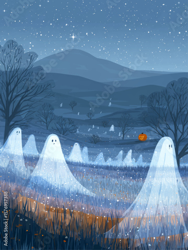 Haunted Halloween field with ghostly spirits among stylized grass and silhouetted autumn hills vector