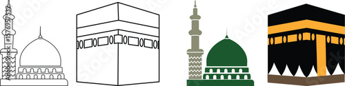 Kaaba, Mecca and Madina Pak icon set Islamic sacred Masjid-Al-Haram isolated on transparent background. Mosque Kingdom of Saudi Arabia use for islamic logos, web, app, and other social media website.