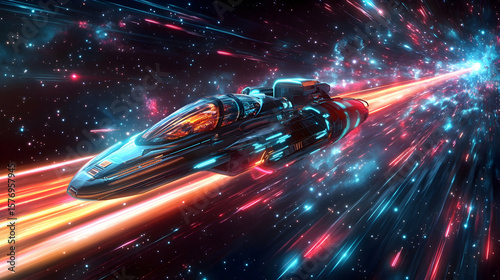 Fototapeta Naklejka Na Ścianę i Meble -  Futuristic spaceship traveling through cosmic warp tunnel in dazzling space scene