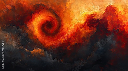 A swirling vortex of fiery clouds against a backdrop of dark, textured clouds.