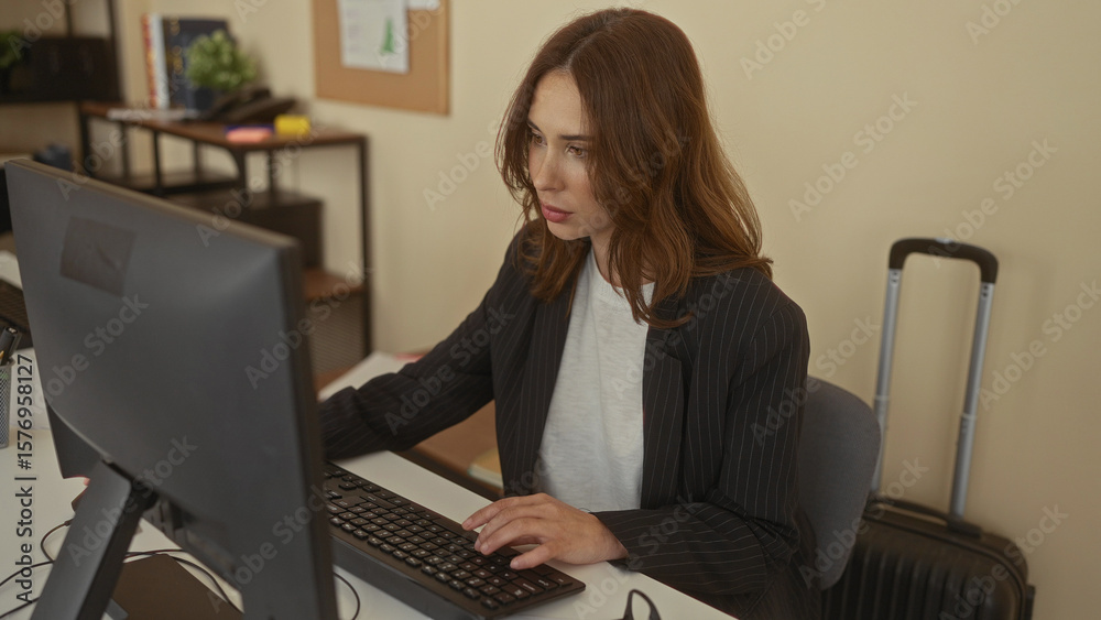 Woman gesturing at computer in a modern office, evoking a welcoming atmosphere, surrounded by work essentials like a keyboard and suitcase, suggesting productivity and travel. Woman gesturing at computer in a modern office, evoking a welcoming atmosphere, surrounded by work essentials like a keyboard and suitcase, suggesting productivity and travel.