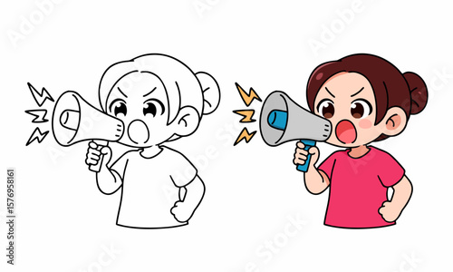 woman talking through a megaphone coloring page for kids