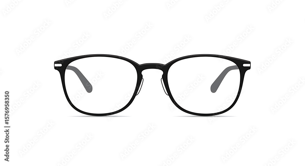 Close up of black framed eyeglasses with clear lenses on a white background in studio shot Close up of black framed eyeglasses with clear lenses on a white background in studio shot