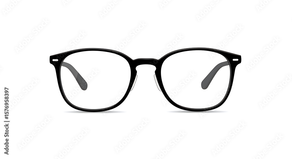 Close up shot of black framed eyeglasses on a white background in a studio setting with even lighting Close up shot of black framed eyeglasses on a white background in a studio setting with even lighting