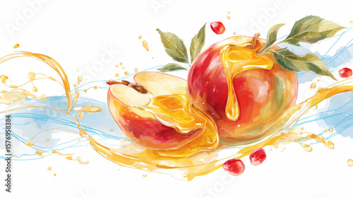 Watercolor Apple and Honey Splash Illustration for Rosh Hashanah Holiday Greeting and Presentation Background