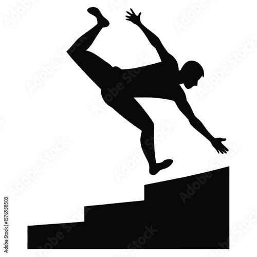 Black silhouette of a person falling down stairs with dramatic body position and reach