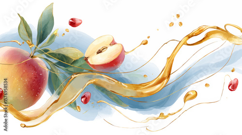 Watercolor Apple and Honey Splash Illustration for Rosh Hashanah Holiday Greeting and Presentation Background