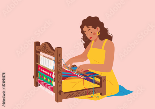 Illustration of Woman Weaving on Wooden Loom in Flat Modern Vector SVG Style with Bright Colors