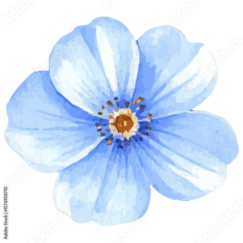 hand-painted watercolor of a single blue pansy flower, isolated on white