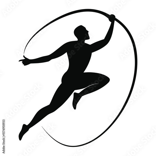 Dynamic abstract silhouette of a person in motion with a curved circular graphic element
