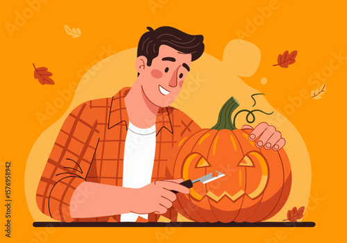 Flat Style Vector SVG Illustration of Man Carving Pumpkin with Jack-o-Lantern Face in Halloween Theme for Web and Digital Media