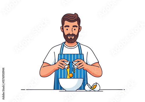 Minimalist Vector SVG Illustration of Man Cooking with Eggs in Flat Design Style Featuring Human Character with Apron and Ingredients