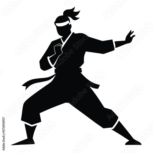 Dynamic black and white silhouette of a martial arts practitioner in combat pose